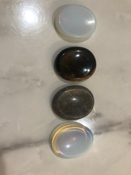 From top to bottom we have: Moonstone, Tigers Eye, Cracy Lace and Moonstone