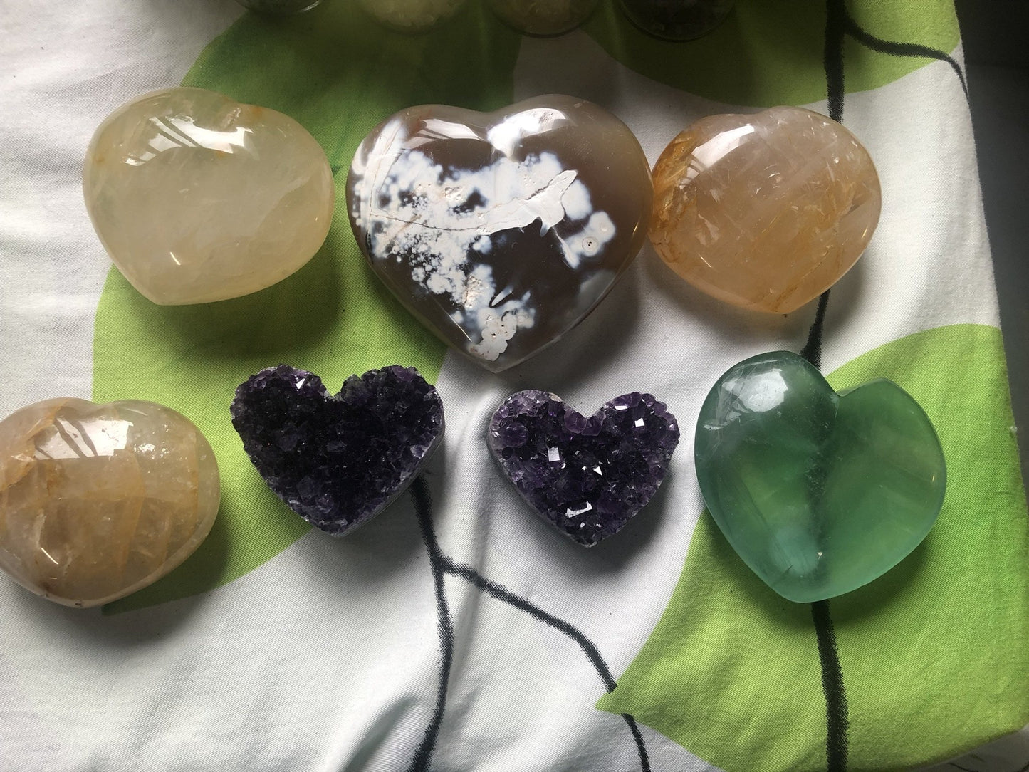 Heart Shaped Crystal Pieces in Golden Healer, Flower Agate, Amethyst and Green Fluorite