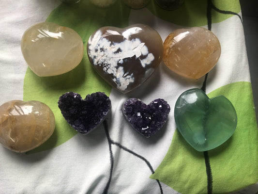 Heart Shaped Crystal Pieces in Golden Healer, Flower Agate, Amethyst and Green Fluorite